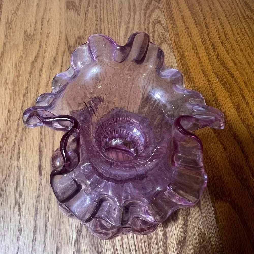 VTG Amethyst Glass Rose Bowl Vase Purple Ruffled Trumpet Vase Cottage bud vase